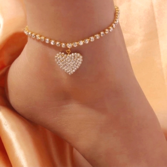 "Have A Heart"  Gold Rhinestone Charm Anklet - Picture 1 of 9
